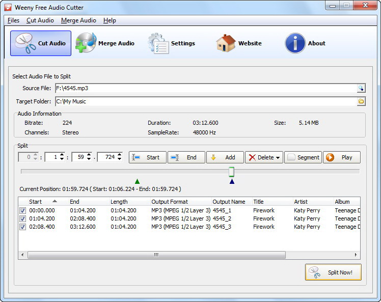 Click to view Weeny Free Audio Cutter 1.3 screenshot