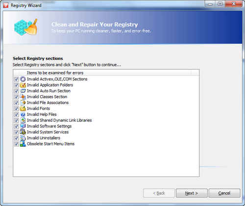 Free Registry Cleaner screenshot 2 - select registry sections window