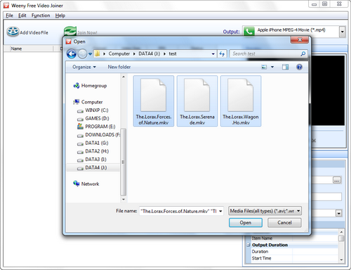 Free Video Joiner screenshot 2 - add video files window