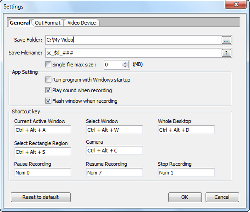Free Video Recorder screenshot 2 - general settings window