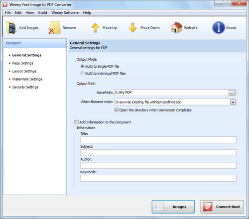 Free Image to PDF Converter screenshot 2 - general settings window