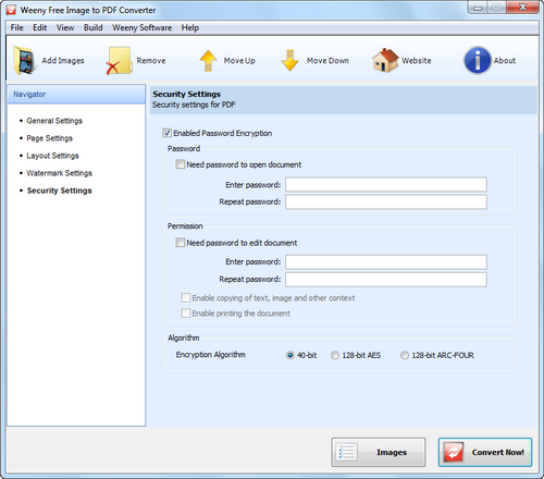 Free Image to PDF Converter screenshot 6 - security settings window