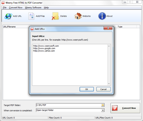 Free HTML to PDF Converter screenshot 2 - add URLs window