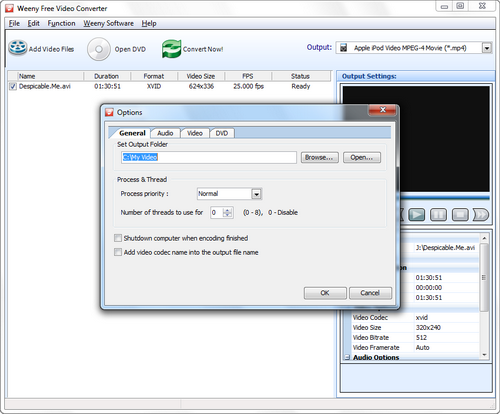 Free Video Converter screenshot 2 - general settings window