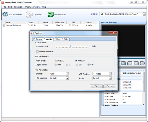 Free Video Converter screenshot 3 - audio settings window
