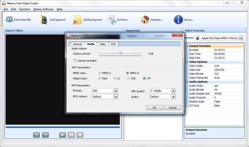 Free Video Cutter screenshot 3 - audio settings window