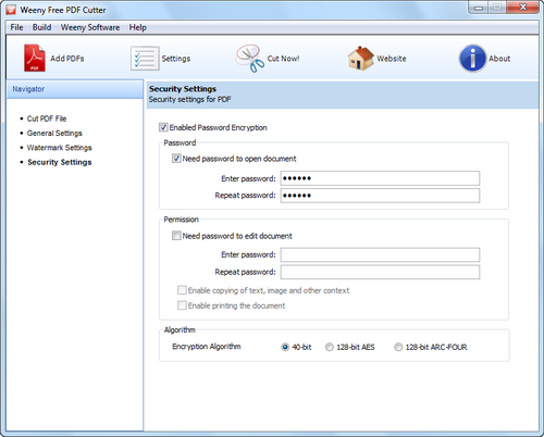 Free PDF Cutter screenshot 4 - PDF security settings window