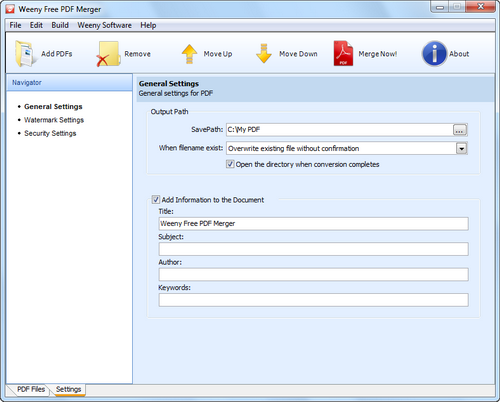 Free PDF Merger screenshot 2 - PDF general settings window