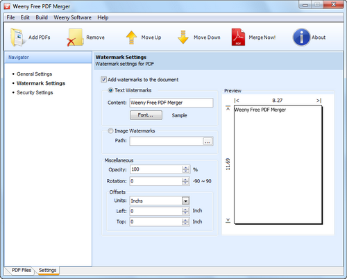 Free PDF Merger screenshot 3 - PDF watermark settings window