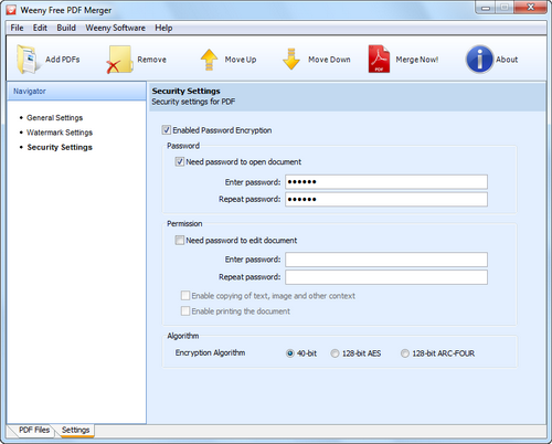 Free PDF Merger screenshot 4 - PDF security settings window