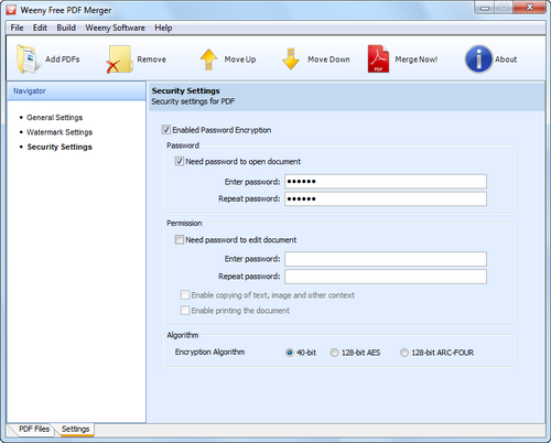迷你免費PDF合併器軟體截圖4 - PDF安全設置窗體