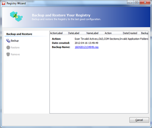 Free Registry Cleaner screenshot 6 - backup and restore registry window