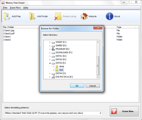 Free Eraser 3 - Add folder window