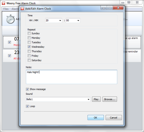 Free Alarm Clock screenshot 2 - add/edit alarm window