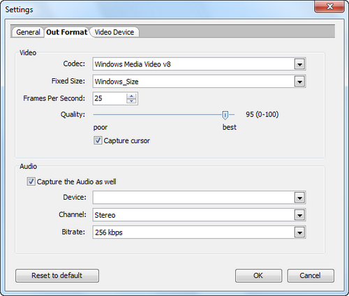 Free Video Recorder screenshot 3 - output format settings window