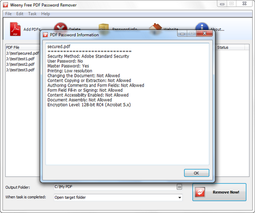 Free PDF Password Remover screenshot 3 - show PDF password information