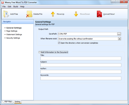 Free Word to PDF Converter screenshot 3 - general settings window