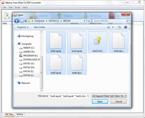 Free ePub to PDF Converter screenshot 2 - add files window