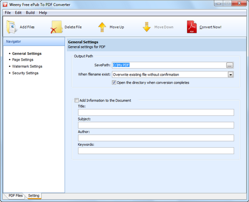 Free ePub to PDF Converter screenshot 3 - general settings window