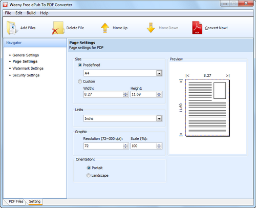Free ePub to PDF Converter screenshot 4 - page settings window
