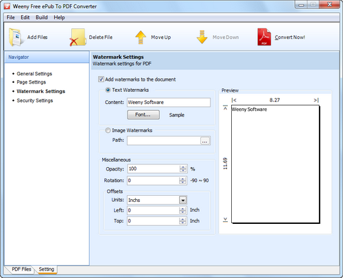 Free ePub to PDF Converter screenshot 5 - watermark settings window