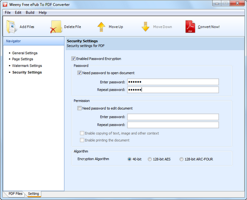 Free ePub to PDF Converter screenshot 6 - security settings window