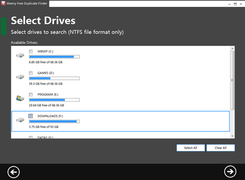Free Duplicate Finder screenshot 2 - select drives window