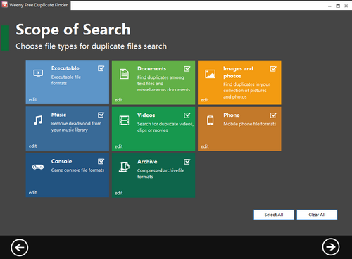Free Duplicate Finder screenshot 3 - select file types window