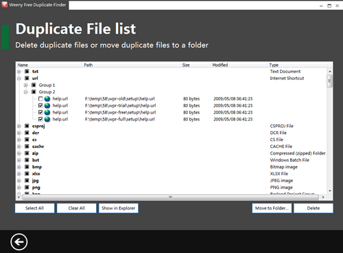 迷你免費重複文件清理器軟體截圖6 - 重複文件列表窗體