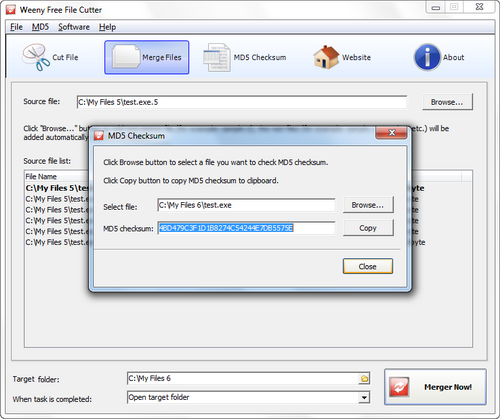 Free File Cutter screenshot 3 - file MD5 checksum window