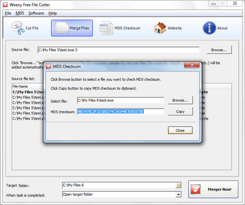 迷你免費文件切割器軟體截圖3 - 文件MD5校驗窗體