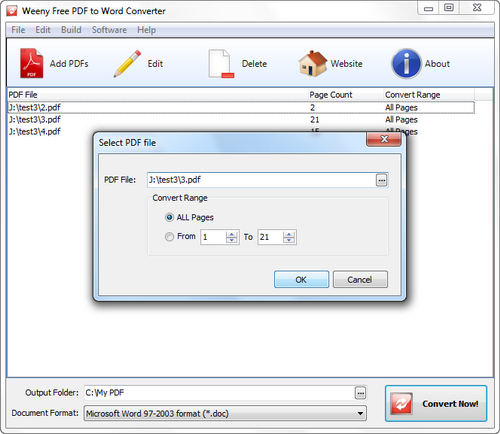 Free PDF to Word Converter screenshot 2 - add PDF files window