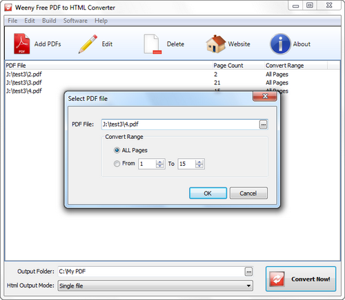 Free PDF to HTML Converter screenshot 2 - add PDF files window